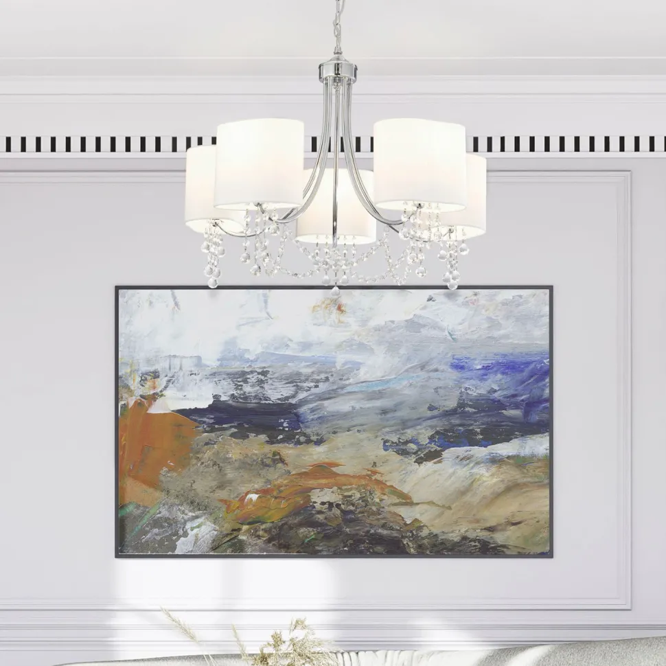 Kronleuchter mit Schirm 5x E14 Chrom Weiß Stoff Metall