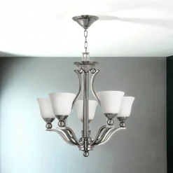 Kronleuchter modern Esszimmer in Nickel Weiß Glas Schirm