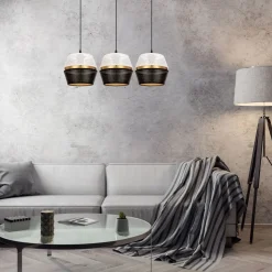 Lange Hängelampe 3-flammig Metall Schwarz Weiß Gold E27