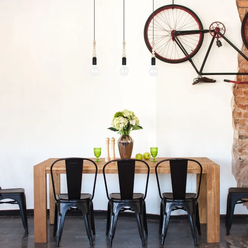 Lange Hängelampe Schwarz Holz Metall L:60 cm E27 3-flmg