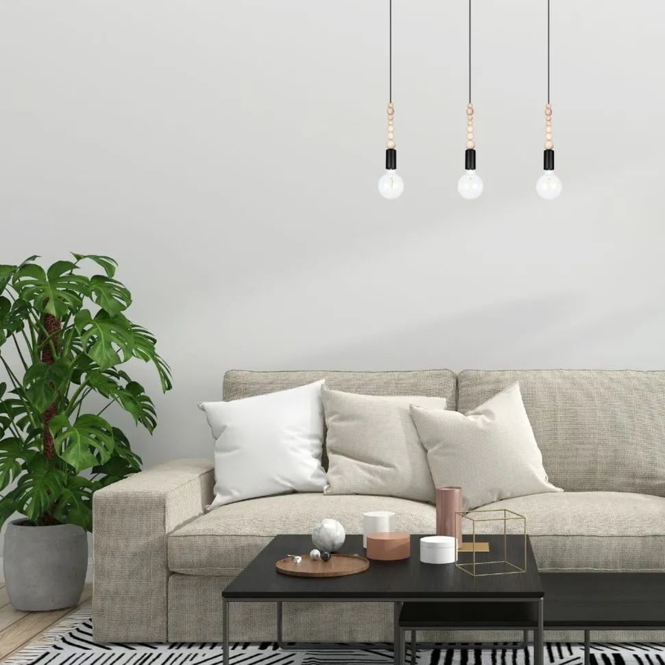 Lange Hängelampe Schwarz Holz Metall L:60 cm E27 3-flmg