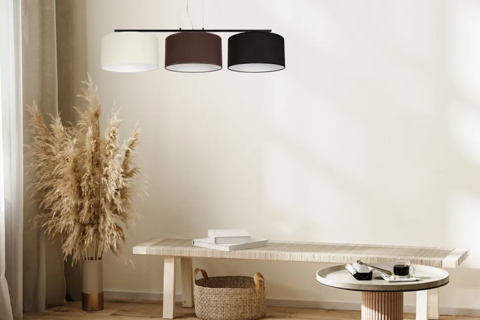 Lange Hängelampe Stoff Ecru Braun Schwarz E27 L:100 cm