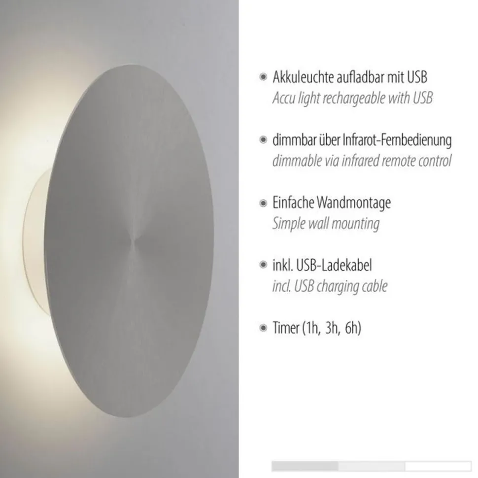 LED Akku Wandlampe Grau Ø25 cm dimmbar Fernbedienung
