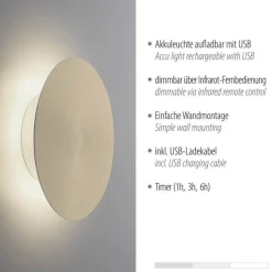 LED Akku Wandlampe in Messing dimmbar mit Fernbedienung