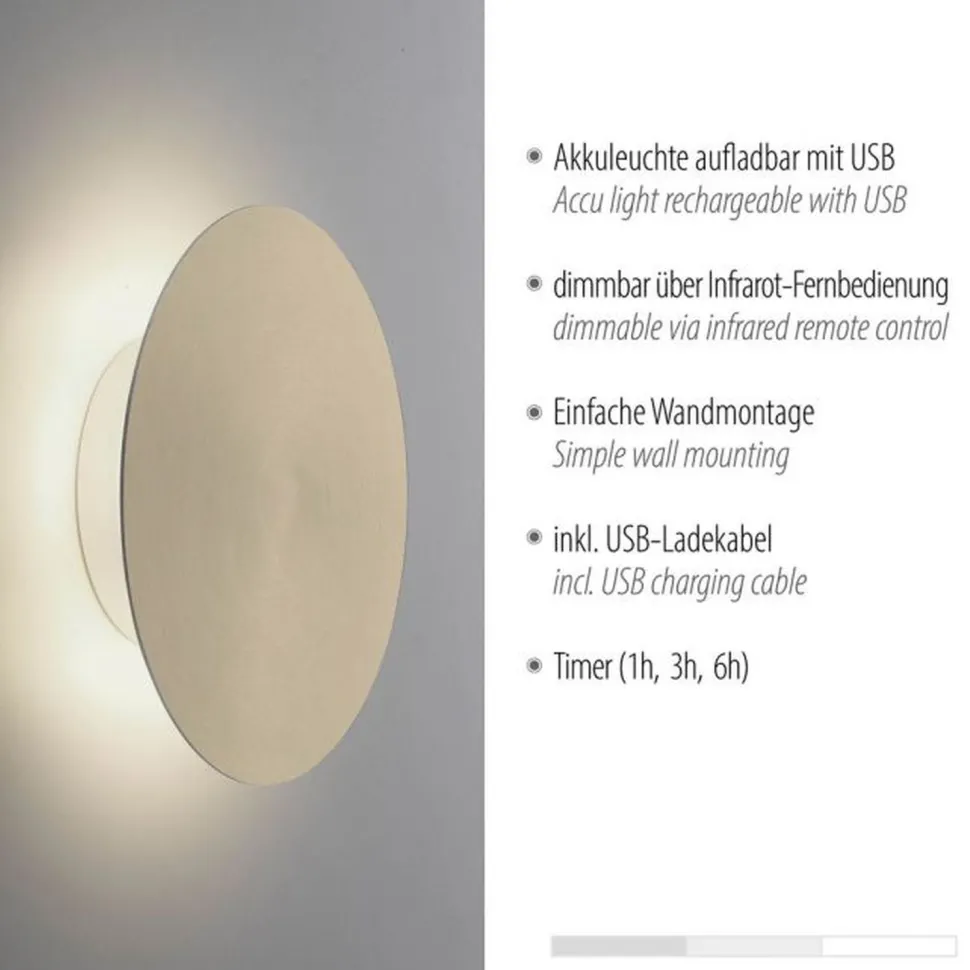 LED Akku Wandlampe in Messing dimmbar mit Fernbedienung