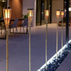 LED Außenleuchte Fackel Erdspieß Solar 120 cm hoch Bambus IP44