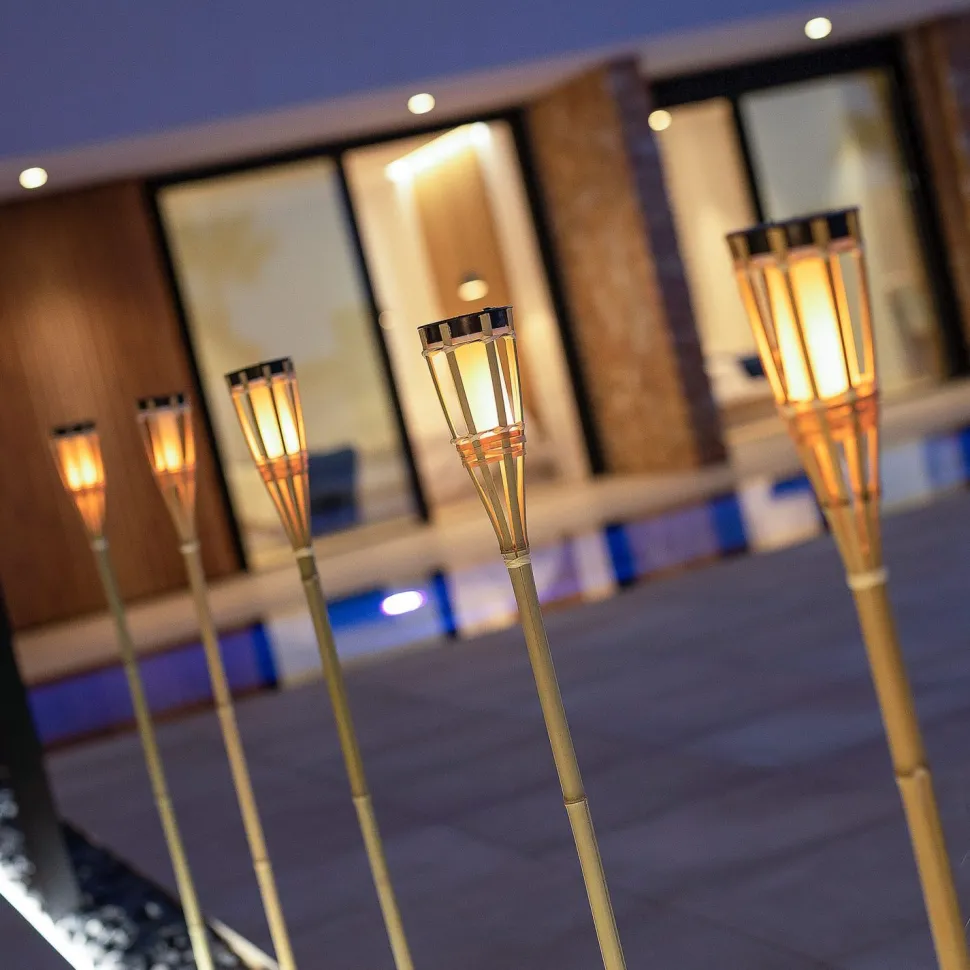 LED Außenleuchte Fackel Erdspieß Solar 120 cm hoch Bambus IP44