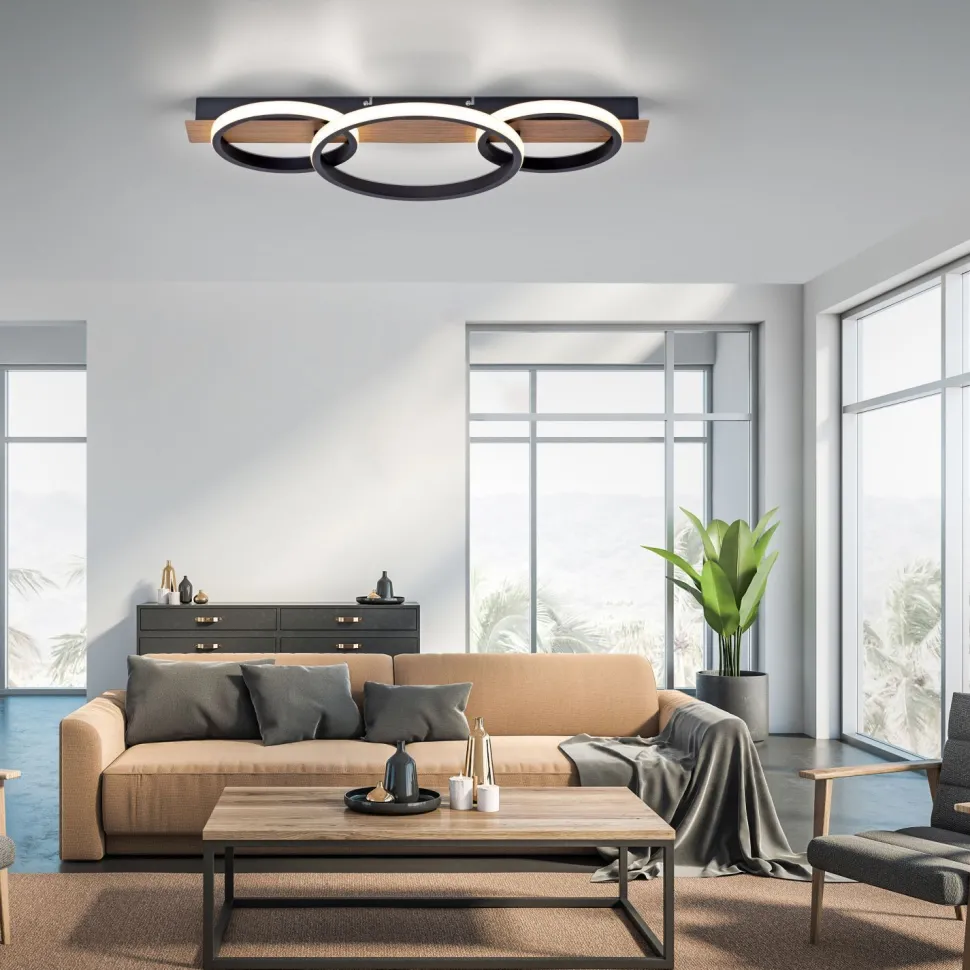 LED Deckenlampe Holz Metall Natur Schwarz 68 cm 3000 K