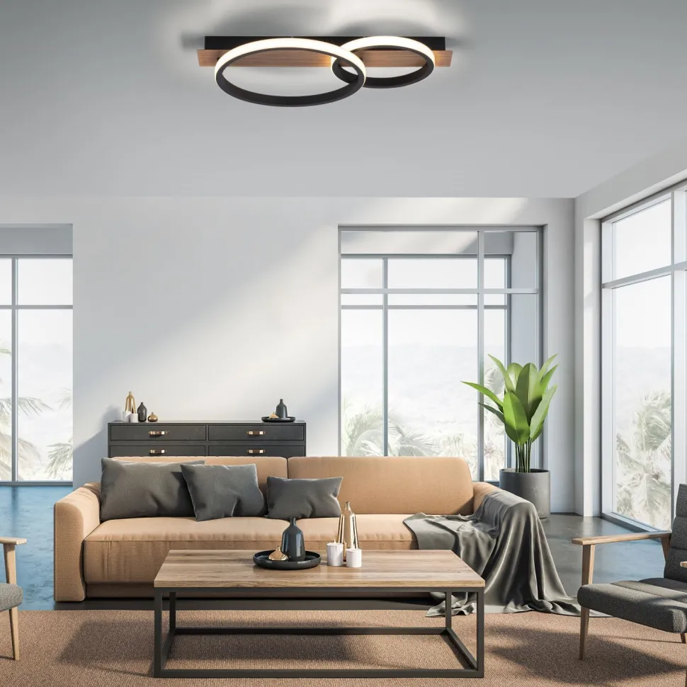 LED Deckenlampe Holz Metall Natur Schwarz 53 cm 3200 lm