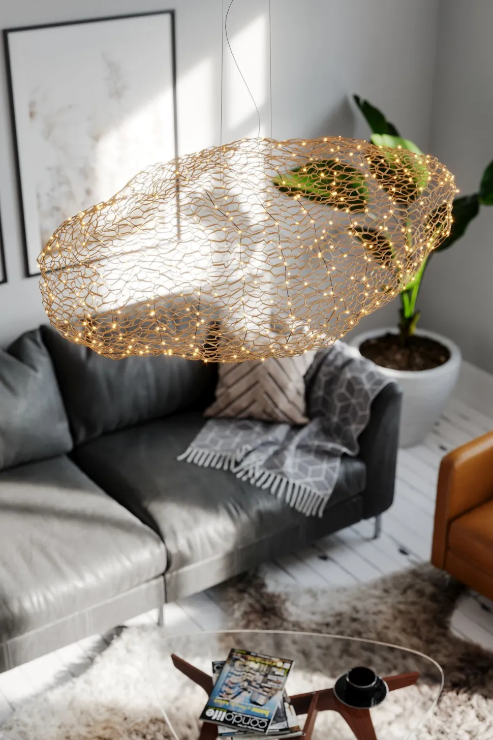 LED Hängelampe Modern 115 cm lang Draht Schirm in Gold