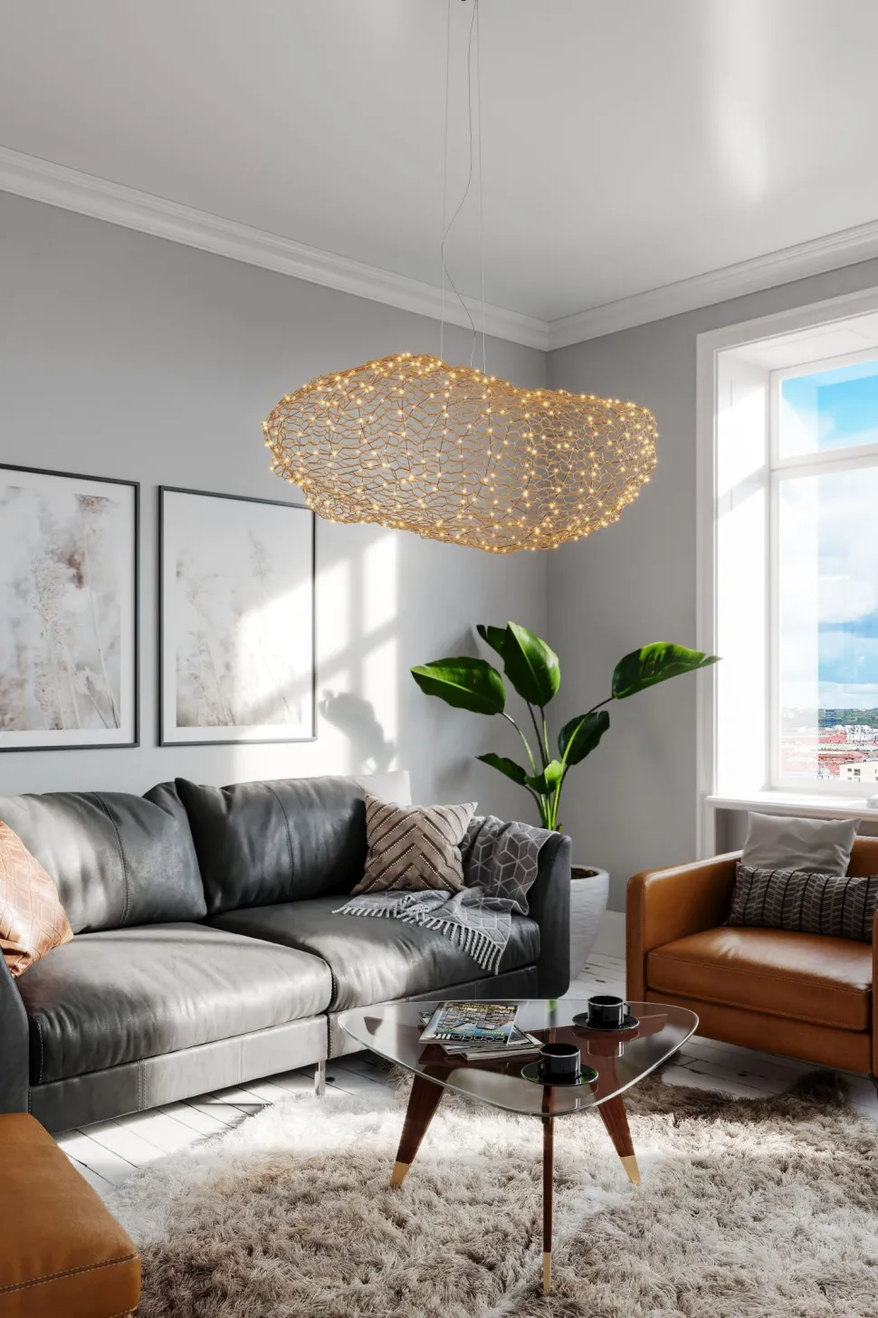 LED Hängelampe Modern 115 cm lang Draht Schirm in Gold