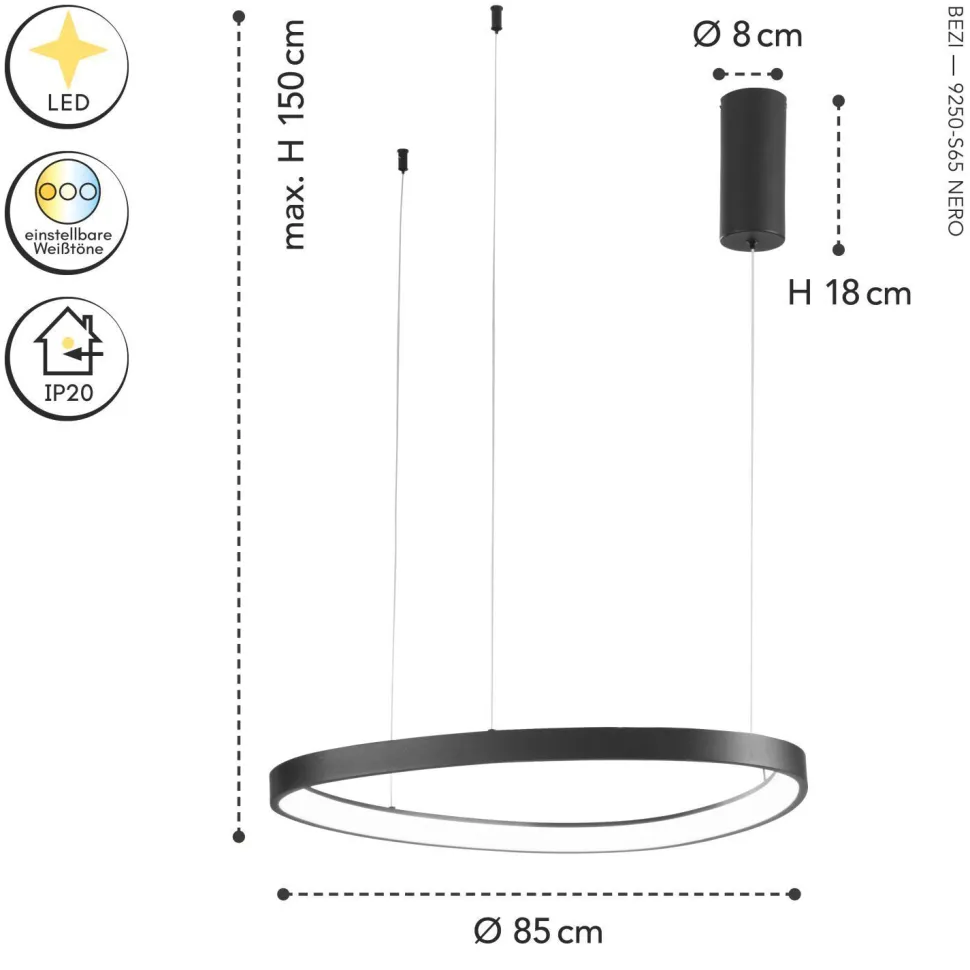 LED Hängelampe Schwarz Ring B:65 cm 3000/4000/6500 K