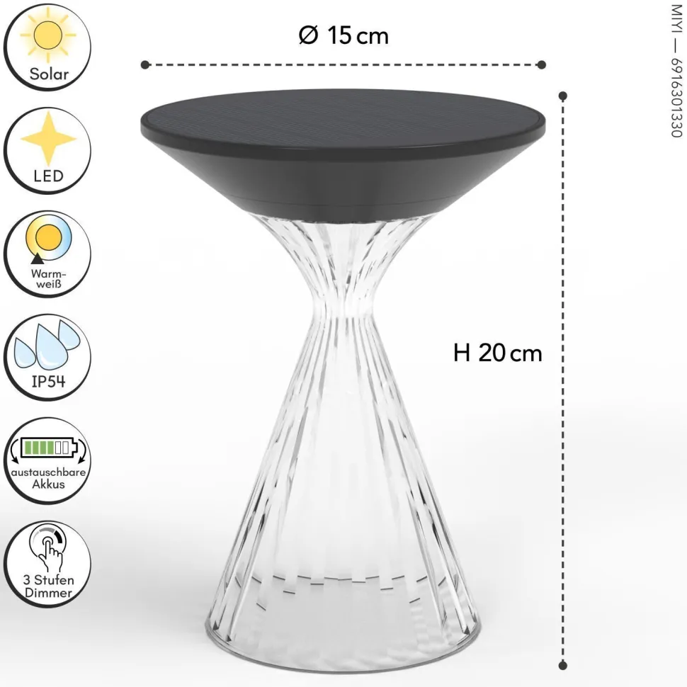 LED Solar Tischlampe IP54 20 cm 390 lm USB-C Schwarz