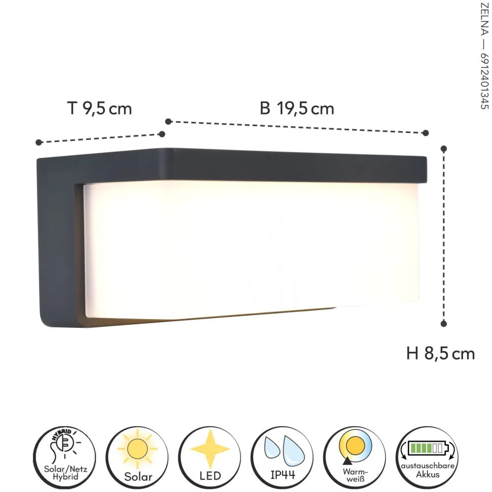 LED Solar Wandleuchte außen Hybrid Netzbetrieb IP44 9 W