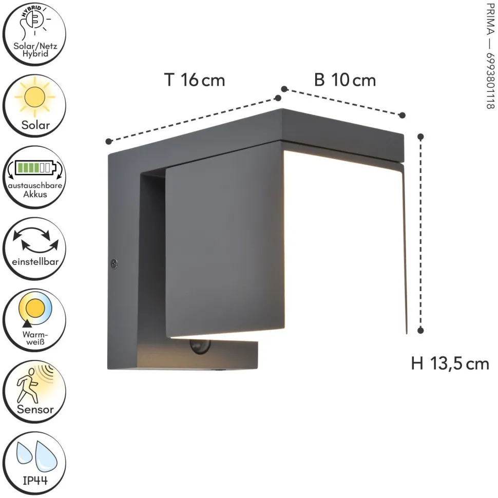 LED Solar Wandleuchte Bewegungsmelder IP54 H:13,5 cm