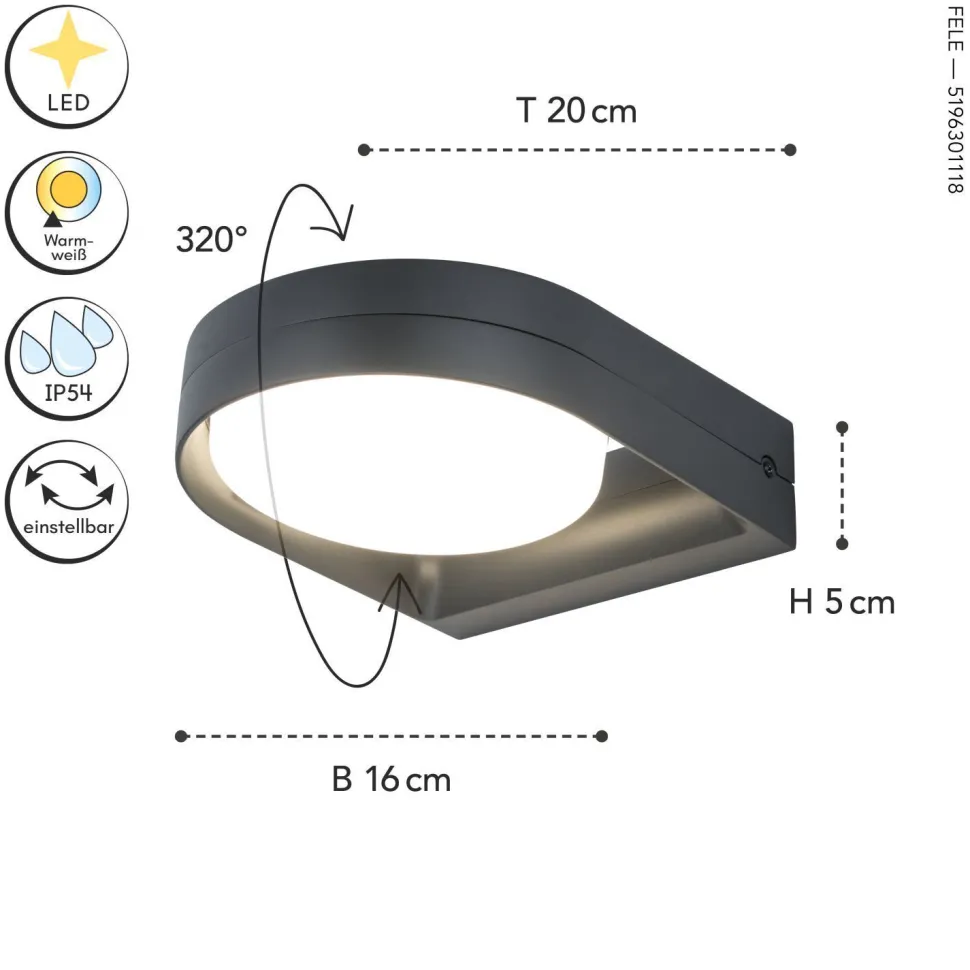 LED Wandlampe Anthrazit Aluminium IP54 B:16 cm blendarm