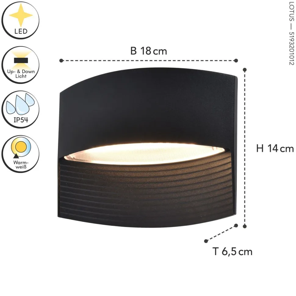 LED Wandlampe Schwarz Aluminium B:18 cm IP54 3000 K