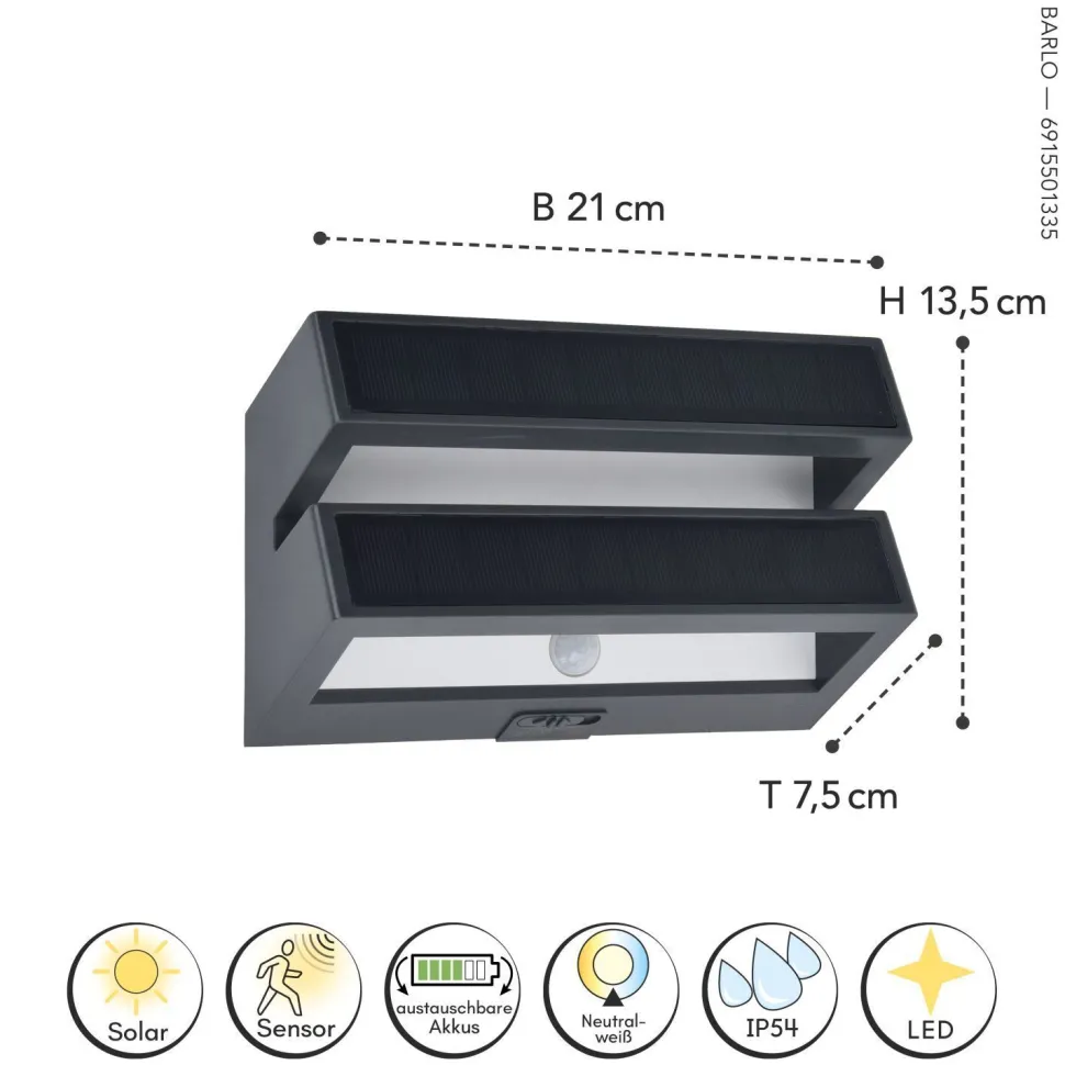 LED Wandlampe Solar Bewegungsmelder IP54 600 lm dimmbar