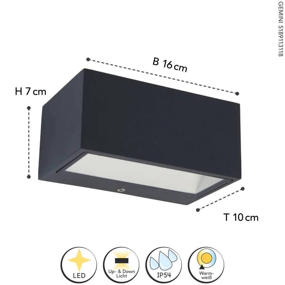 LED Wandlampe Up Down Aluminium Anthrazit B:14 cm IP54