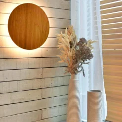 LED Wandleuchte Holz Furnier Teak D: 25 cm rund 3000 K warmweiß