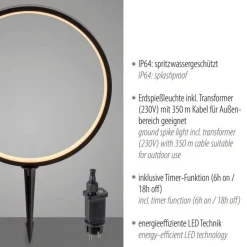 LED Wegeleuchte mit Erdspieß 48 cm IP65 3000 K Schwarz