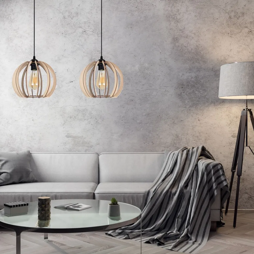 Längliche Hängelampe Holz Metall E27 2-flammig L:60 cm