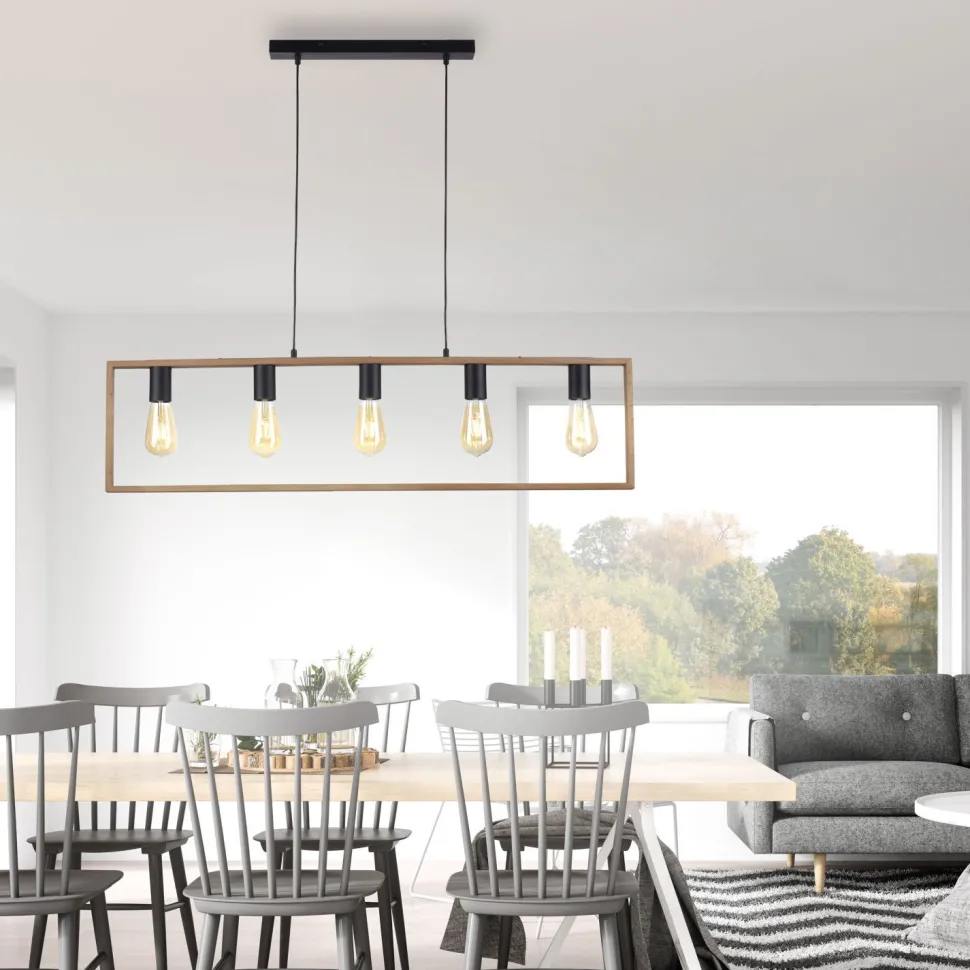 Natürliche Hängelampe Retro Holz Metall L:100 cm 5-flmg