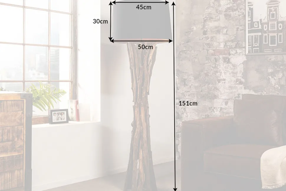 Natürliche Stehlampe Schwarz Gold 151 cm Holz Baumwolle