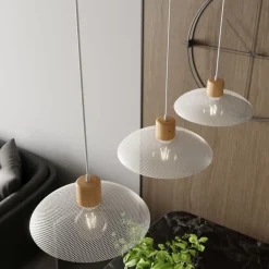 Pendelleuchte 3-flammig E27 L: 90 Weiß Holzoptik Metall