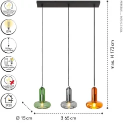 Pendelleuchte Glas Grün Rauchgrau Bernstein E14 65 cm