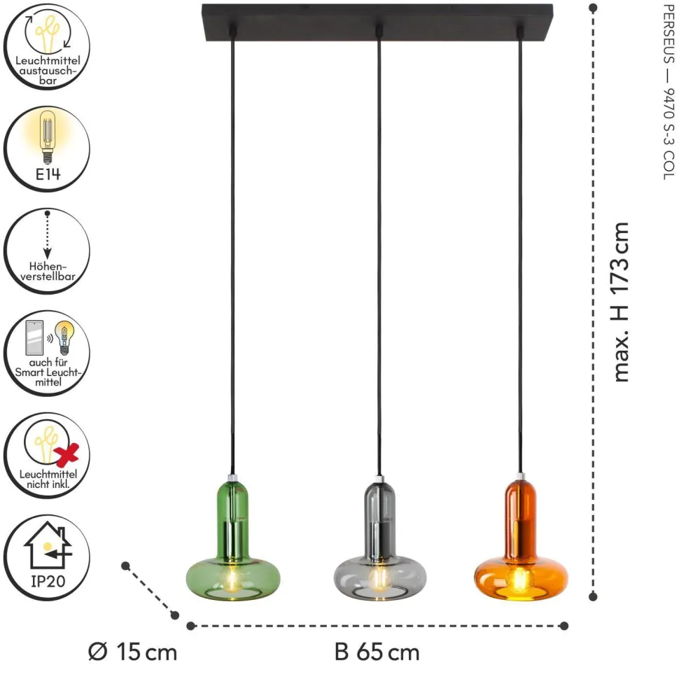 Pendelleuchte Glas Grün Rauchgrau Bernstein E14 65 cm