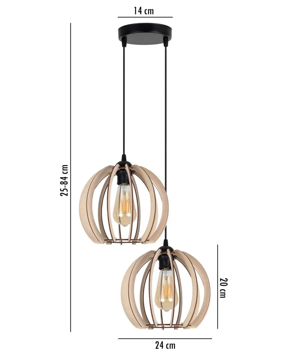 Pendelleuchte Holz Metall Schwarz Kugel E27 2-flammig