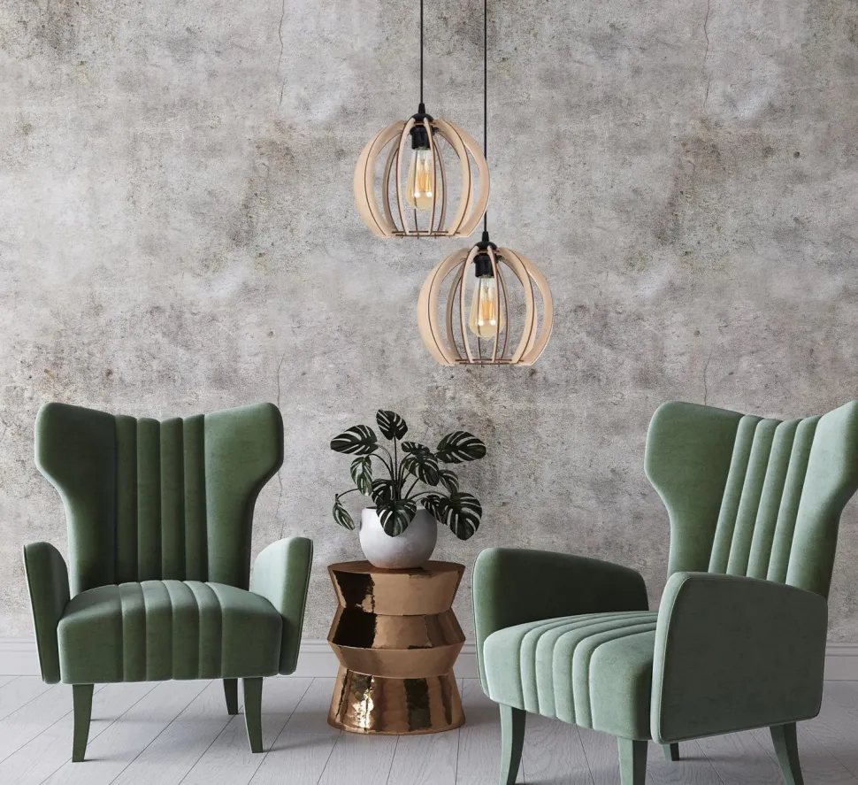 Pendelleuchte Holz Metall Schwarz Kugel E27 2-flammig