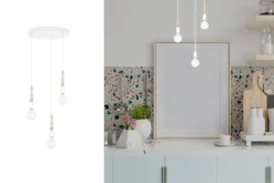 Pendelleuchte Holz Metall Weiß E27 Ø30 cm rund 3-flmg