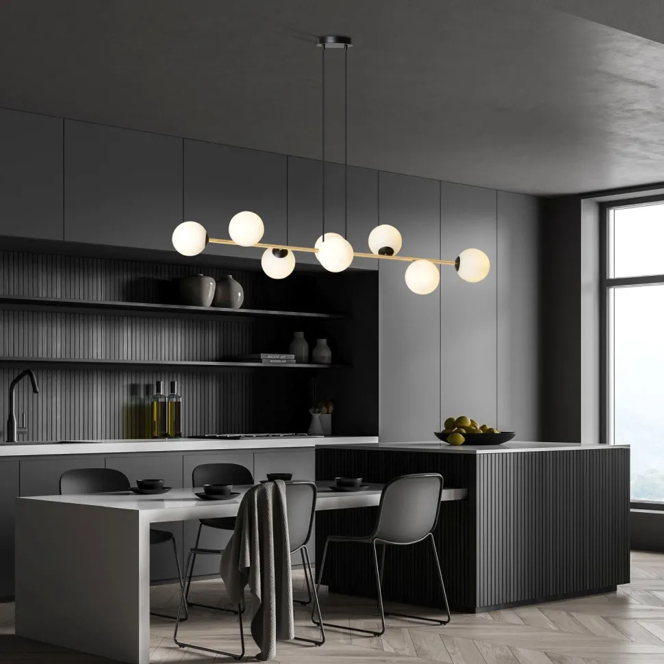 Pendelleuchte lang 140 cm E14 in Schwarz Weiß Gold