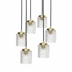 Pendelleuchte Messing Eisen Glas 6x E27 in Schwarz Klar