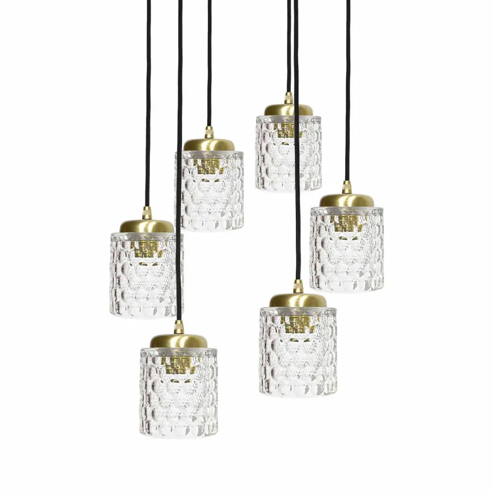 Pendelleuchte Messing Eisen Glas 6x E27 in Schwarz Klar