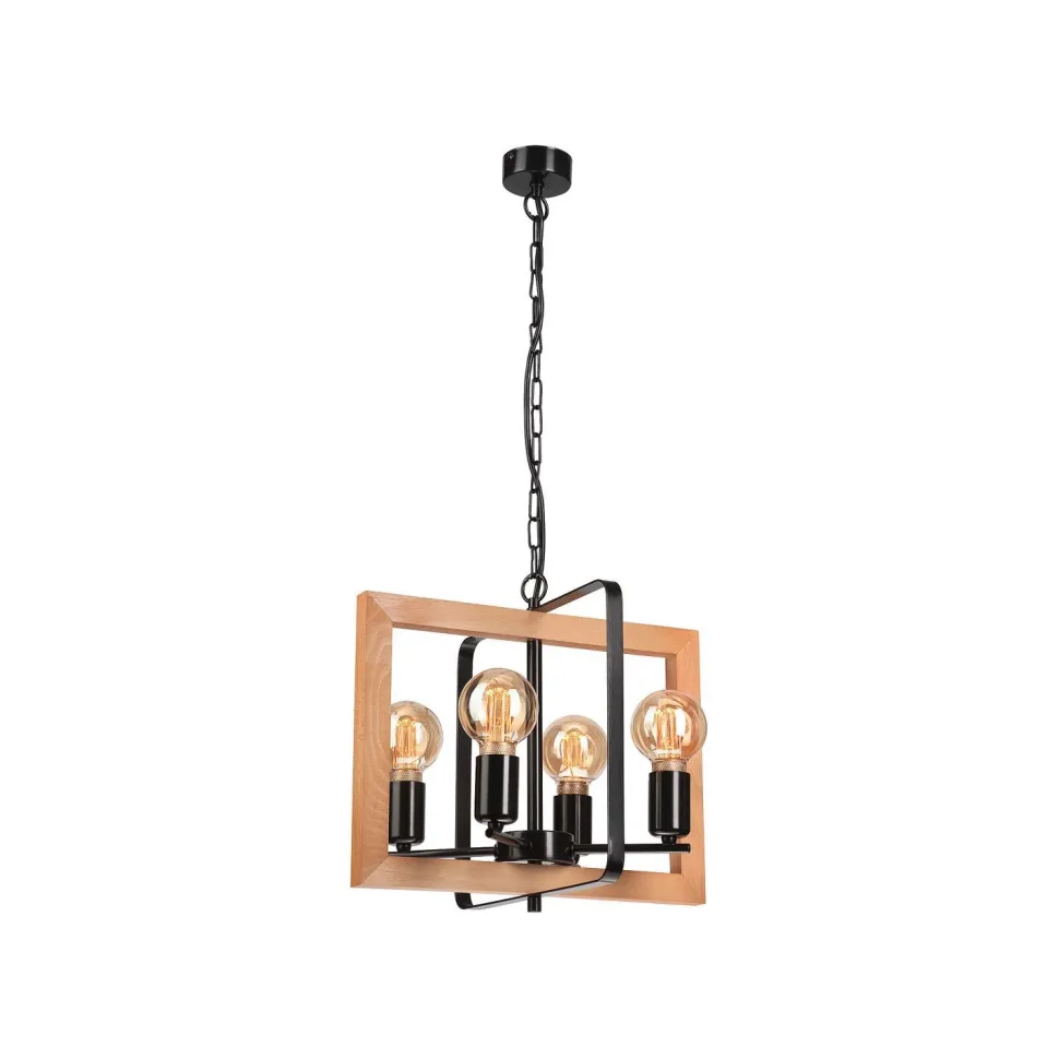 Pendelleuchte Rustikal Holz Metall Schwarz 4-flammig E27
