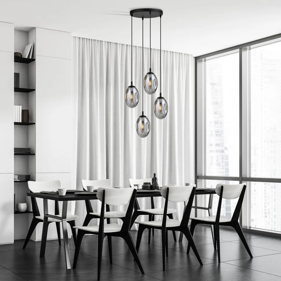 Pendelleuchte Schwarz Grau 4-flammig E14 Rauchglas