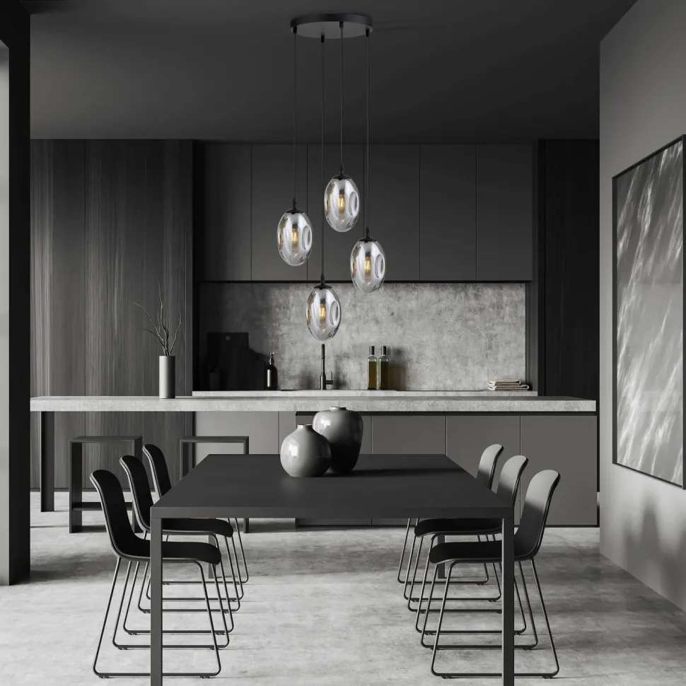 Pendelleuchte Schwarz Grau 4-flammig E14 Rauchglas