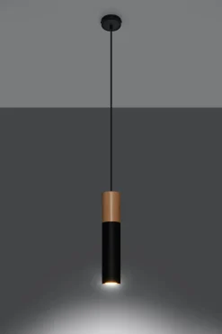 Pendelleuchte Schwarz Metall Holz Ø8cm Skandinavisch