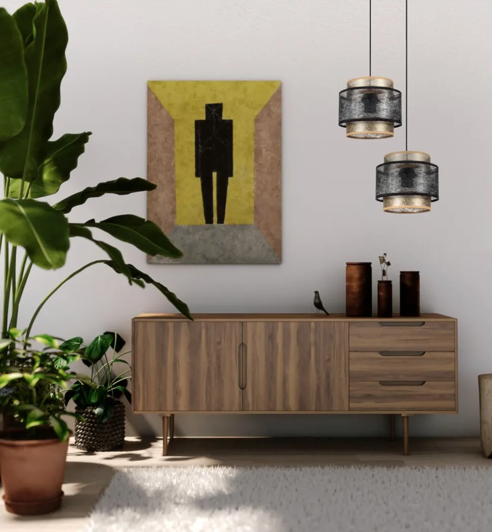 Pendelleuchte Stoff Schwarz Gold B:33 cm E27 blendarm