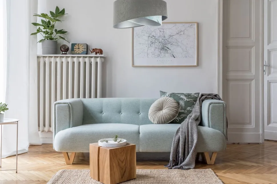 Pendelleuchte Stoffschirm Ø 50 cm rund Grau Hellblau Silber