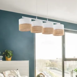 Pendelleuchte Weiß Braun 4-flammig Metall Stoff Jute E27