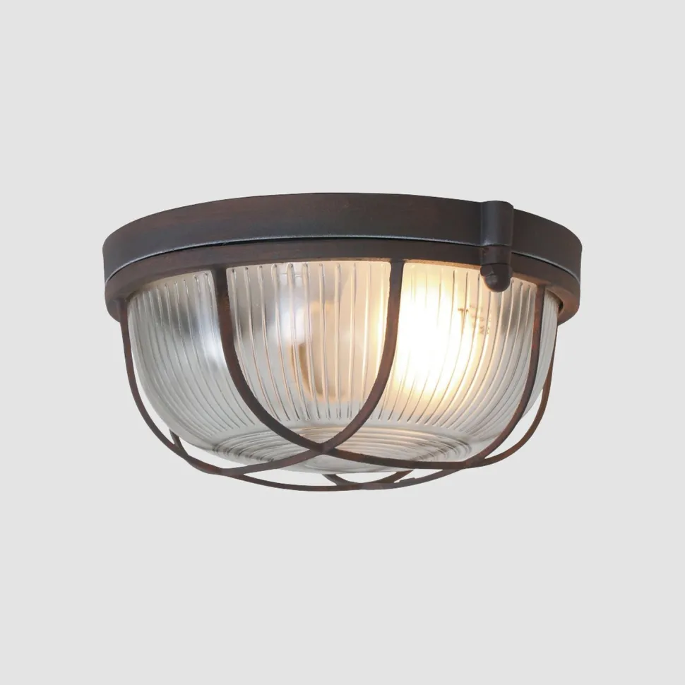 Runde Deckenlampe Braun Riffelglas Metall E27 Bullauge