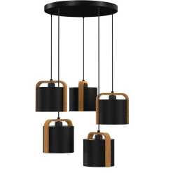 Runde Hängelampe blendarm Stoff Holz Metall E27 Ø61 cm