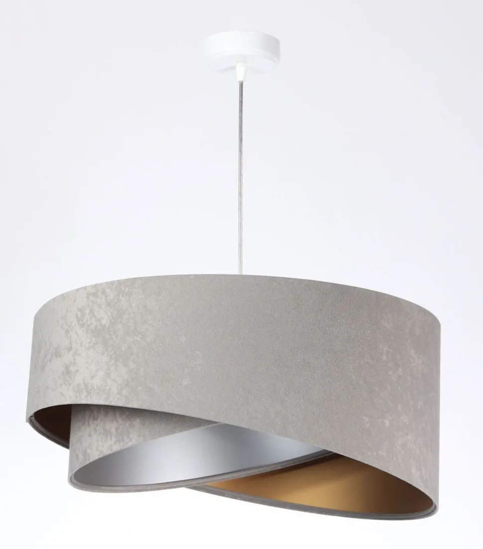 Runde Hängelampe E27 D: 50 cm Grau Gold Silber Stoffschirm