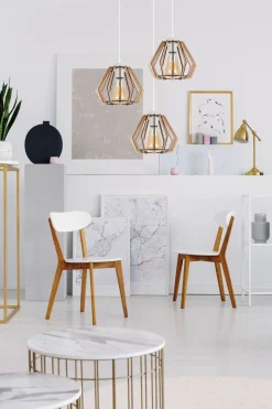 Runde Hängelampe E27 Holz Metall Weiß B:35 cm gemütlich