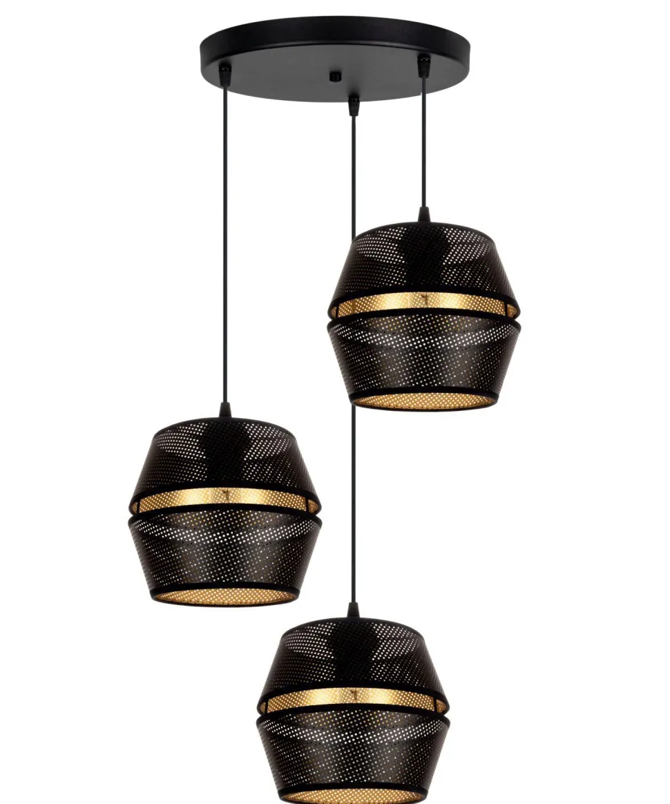 Runde Hängelampe Schwarz Gold Metall B:45 cm E27 3-flmg