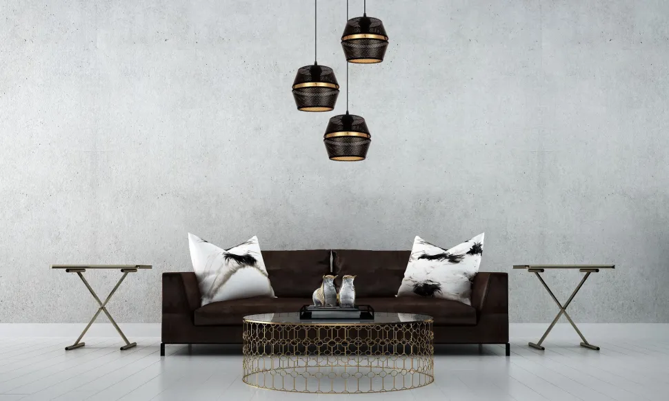 Runde Hängelampe Schwarz Gold Metall B:45 cm E27 3-flmg